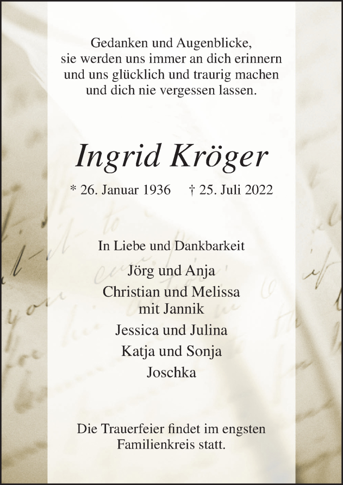  Traueranzeige für Ingrid Kröger vom 30.07.2022 aus DK Medien GmbH & Co. KG