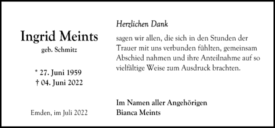 Traueranzeige von Ingrid Meints von Neue Osnabrücker Zeitung GmbH & Co. KG