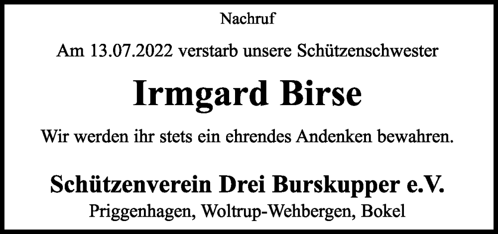  Traueranzeige für Irmgard Birse vom 16.07.2022 aus Neue Osnabrücker Zeitung GmbH & Co. KG