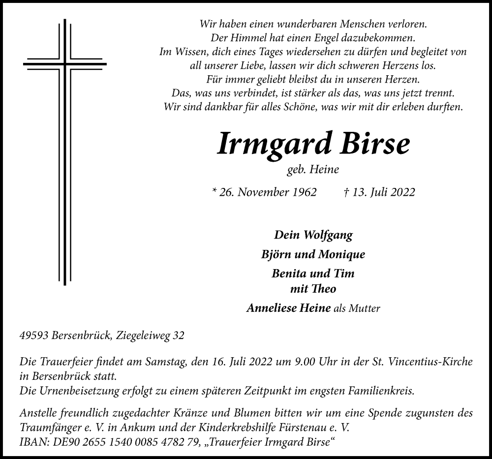  Traueranzeige für Irmgard Birse vom 15.07.2022 aus Neue Osnabrücker Zeitung GmbH & Co. KG