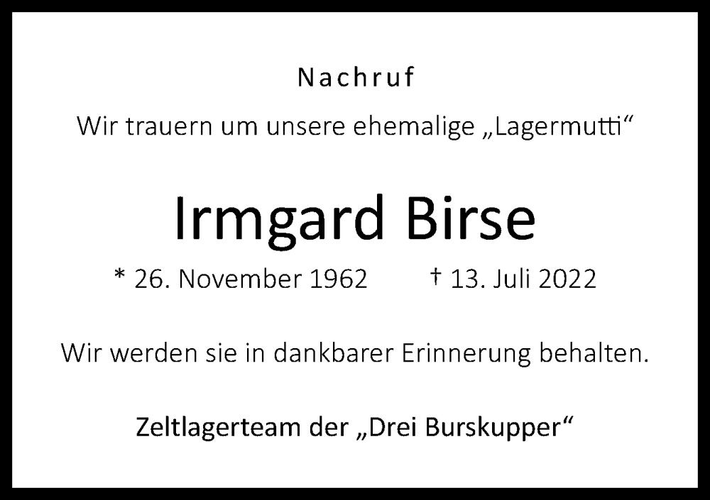  Traueranzeige für Irmgard Birse vom 16.07.2022 aus Neue Osnabrücker Zeitung GmbH & Co. KG