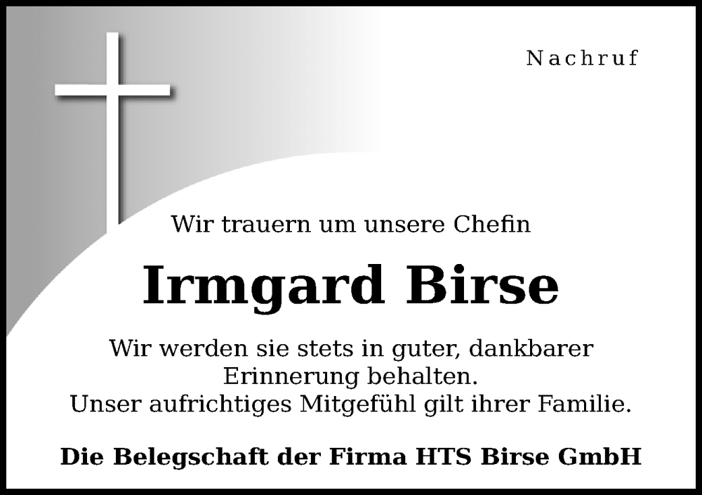  Traueranzeige für Irmgard Birse vom 16.07.2022 aus Neue Osnabrücker Zeitung GmbH & Co. KG