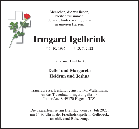 Traueranzeige von Irmgard Igelbrink von Neue Osnabrücker Zeitung GmbH & Co. KG