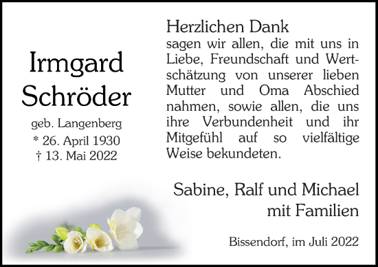 Traueranzeige von Irmgard Schröder von Neue Osnabrücker Zeitung GmbH & Co. KG