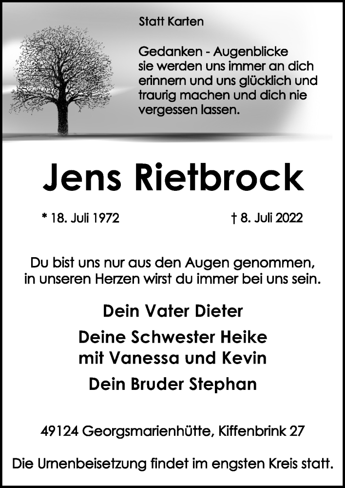  Traueranzeige für Jens Rietbrock vom 23.07.2022 aus Neue Osnabrücker Zeitung GmbH & Co. KG