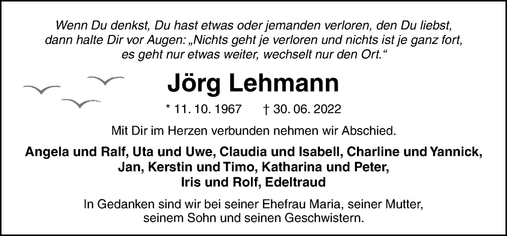  Traueranzeige für Jörg Lehmann vom 16.07.2022 aus DK Medien GmbH & Co. KG