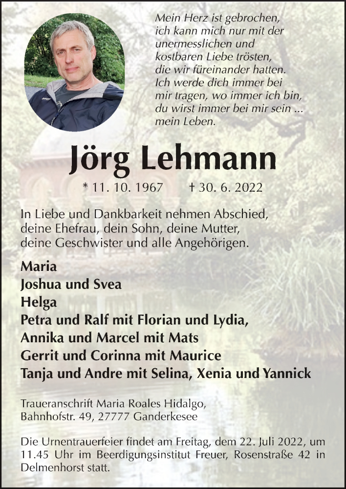  Traueranzeige für Jörg Lehmann vom 16.07.2022 aus DK Medien GmbH & Co. KG