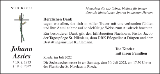 Traueranzeige von Johann Assies von Neue Osnabrücker Zeitung GmbH & Co. KG