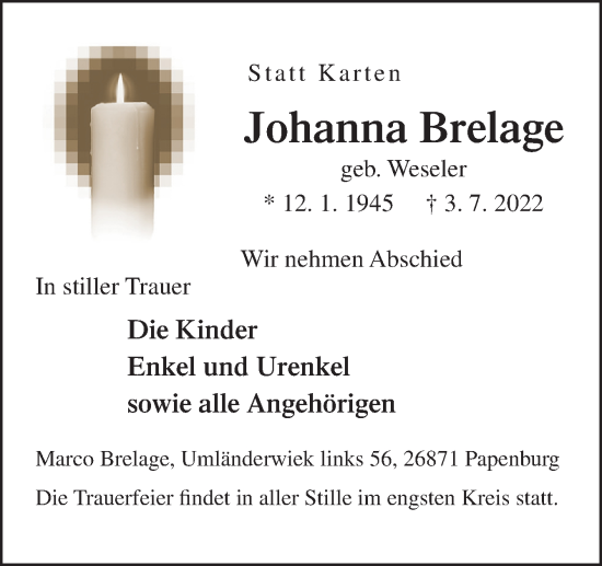 Traueranzeige von Johanna Brelage von Neue Osnabrücker Zeitung GmbH & Co. KG