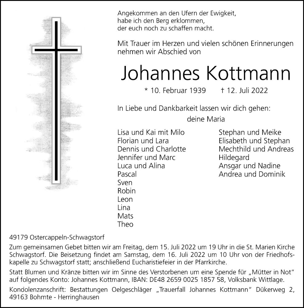  Traueranzeige für Johannes Kottmann vom 14.07.2022 aus Neue Osnabrücker Zeitung GmbH & Co. KG