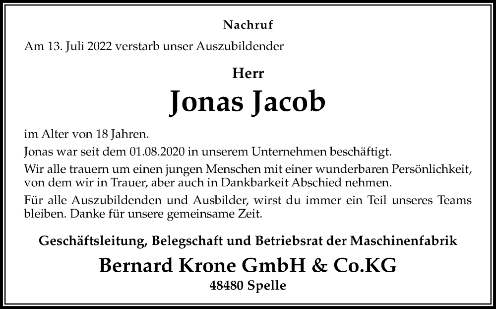  Traueranzeige für Jonas Jacob vom 20.07.2022 aus Neue Osnabrücker Zeitung GmbH & Co. KG