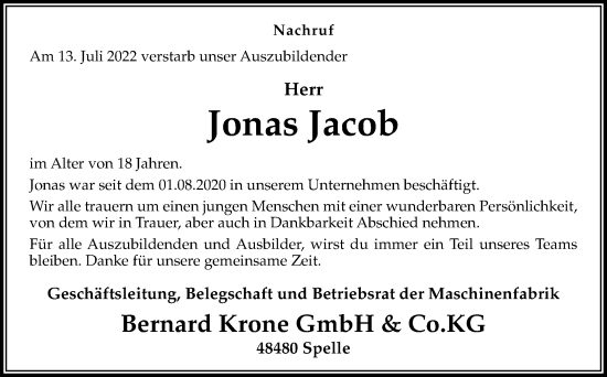 Traueranzeige von Jonas Jacob von Neue Osnabrücker Zeitung GmbH & Co. KG