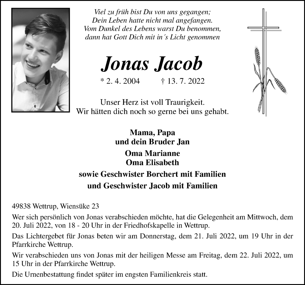  Traueranzeige für Jonas Jacob vom 18.07.2022 aus Neue Osnabrücker Zeitung GmbH & Co. KG
