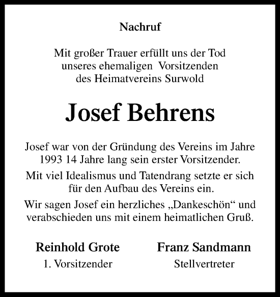 Traueranzeige von Josef Behrens von Neue Osnabrücker Zeitung GmbH & Co. KG