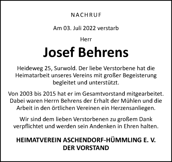 Traueranzeige von Josef Behrens von Neue Osnabrücker Zeitung GmbH & Co. KG