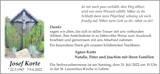Traueranzeige von Josef Korte von Neue Osnabrücker Zeitung GmbH & Co. KG