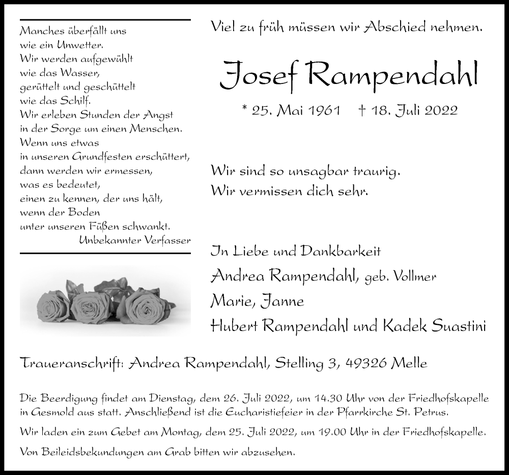  Traueranzeige für Josef Rampendahl vom 23.07.2022 aus Neue Osnabrücker Zeitung GmbH & Co. KG