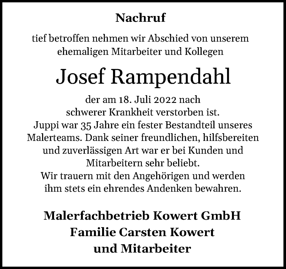 Traueranzeige für Josef Rampendahl vom 30.07.2022 aus Neue Osnabrücker Zeitung GmbH & Co. KG