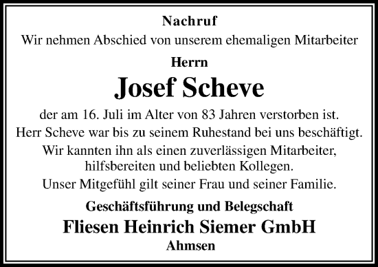 Traueranzeige von Josef Scheve von Neue Osnabrücker Zeitung GmbH & Co. KG