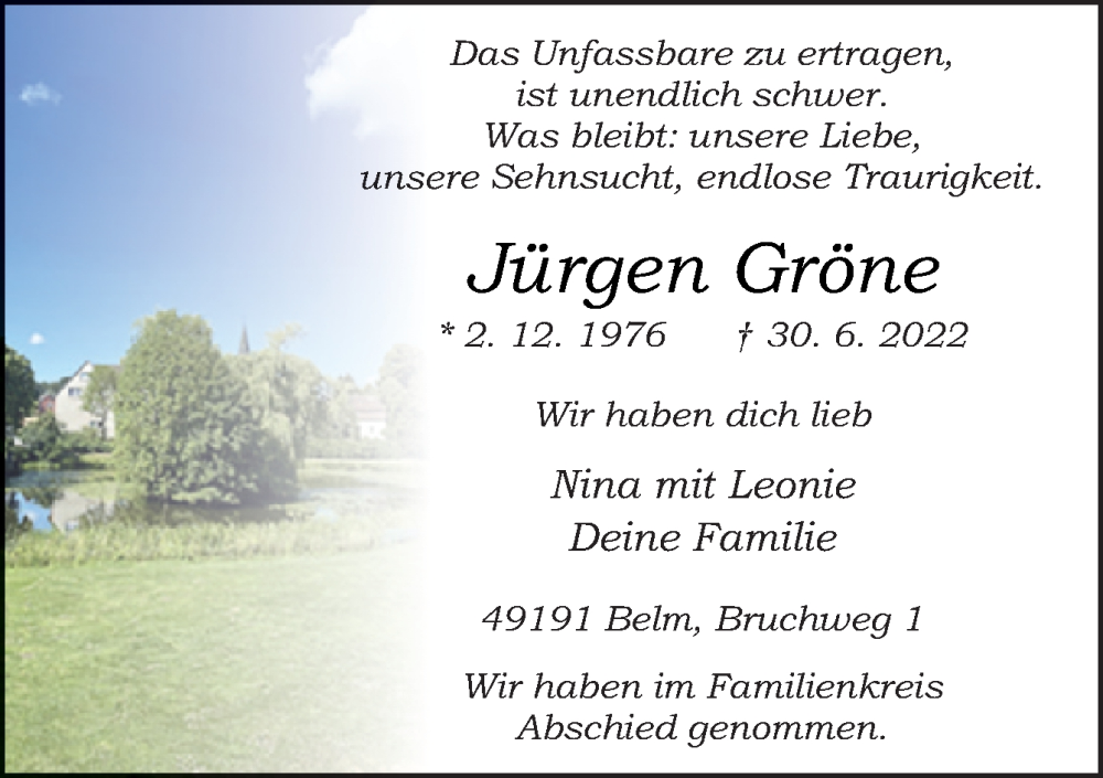  Traueranzeige für Jürgen Gröne vom 09.07.2022 aus Neue Osnabrücker Zeitung GmbH & Co. KG