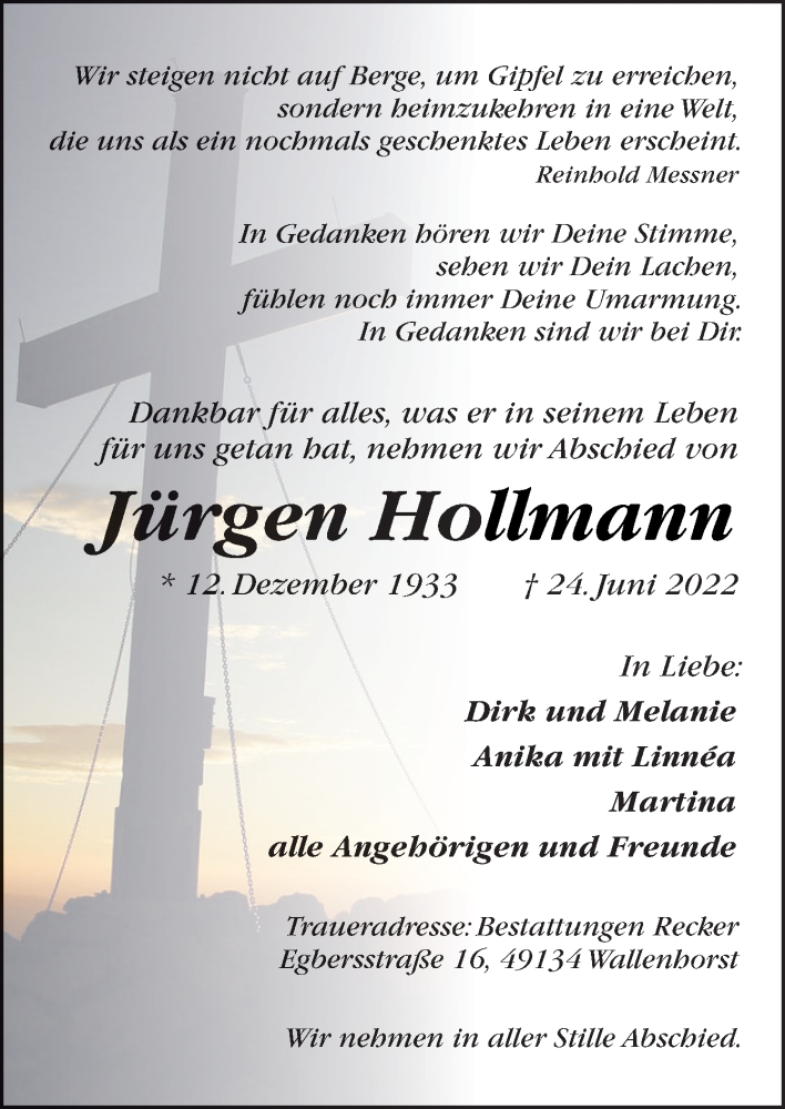  Traueranzeige für Jürgen Hollmann vom 23.07.2022 aus Neue Osnabrücker Zeitung GmbH & Co. KG