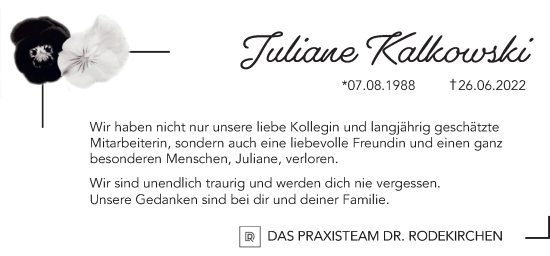 Traueranzeige von Juliane Kalkowski von Neue Osnabrücker Zeitung GmbH & Co. KG