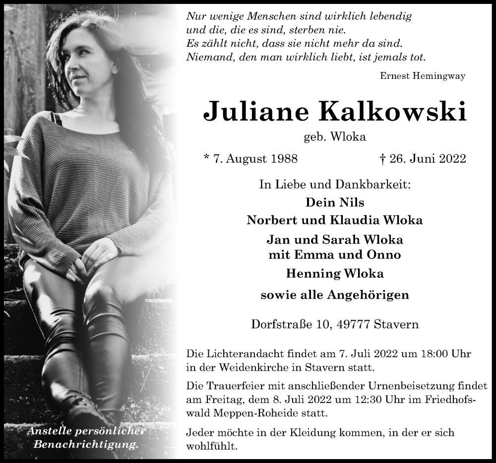  Traueranzeige für Juliane Kalkowski vom 02.07.2022 aus Neue Osnabrücker Zeitung GmbH & Co. KG
