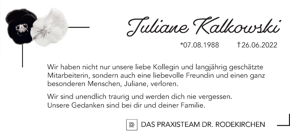  Traueranzeige für Juliane Kalkowski vom 06.07.2022 aus Neue Osnabrücker Zeitung GmbH & Co. KG