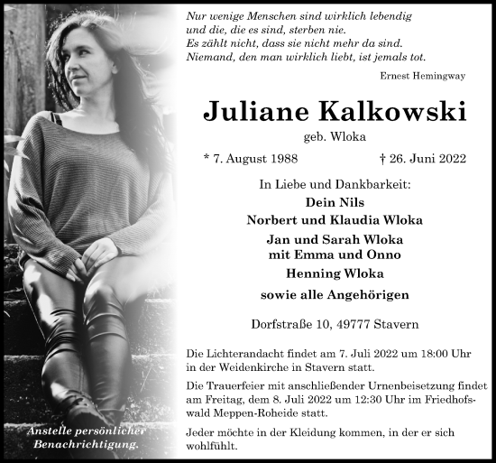 Traueranzeige von Juliane Kalkowski von Neue Osnabrücker Zeitung GmbH & Co. KG