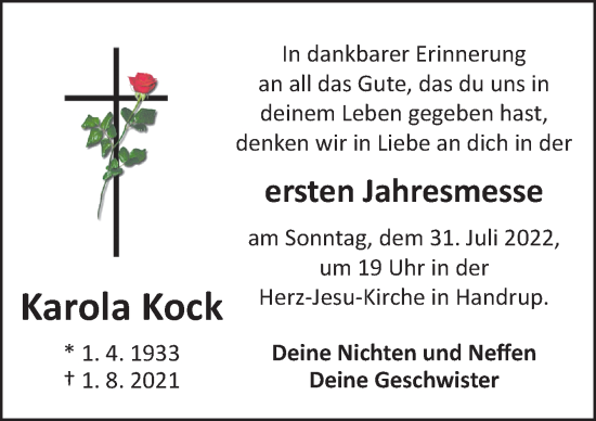 Traueranzeige von Karola Kock von Neue Osnabrücker Zeitung GmbH & Co. KG