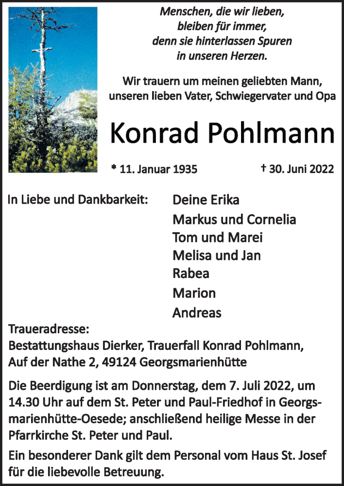  Traueranzeige für Konrad Pohlmann vom 05.07.2022 aus Neue Osnabrücker Zeitung GmbH & Co. KG