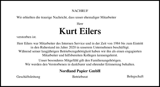 Traueranzeige von Kurt Eilers von Neue Osnabrücker Zeitung GmbH & Co. KG