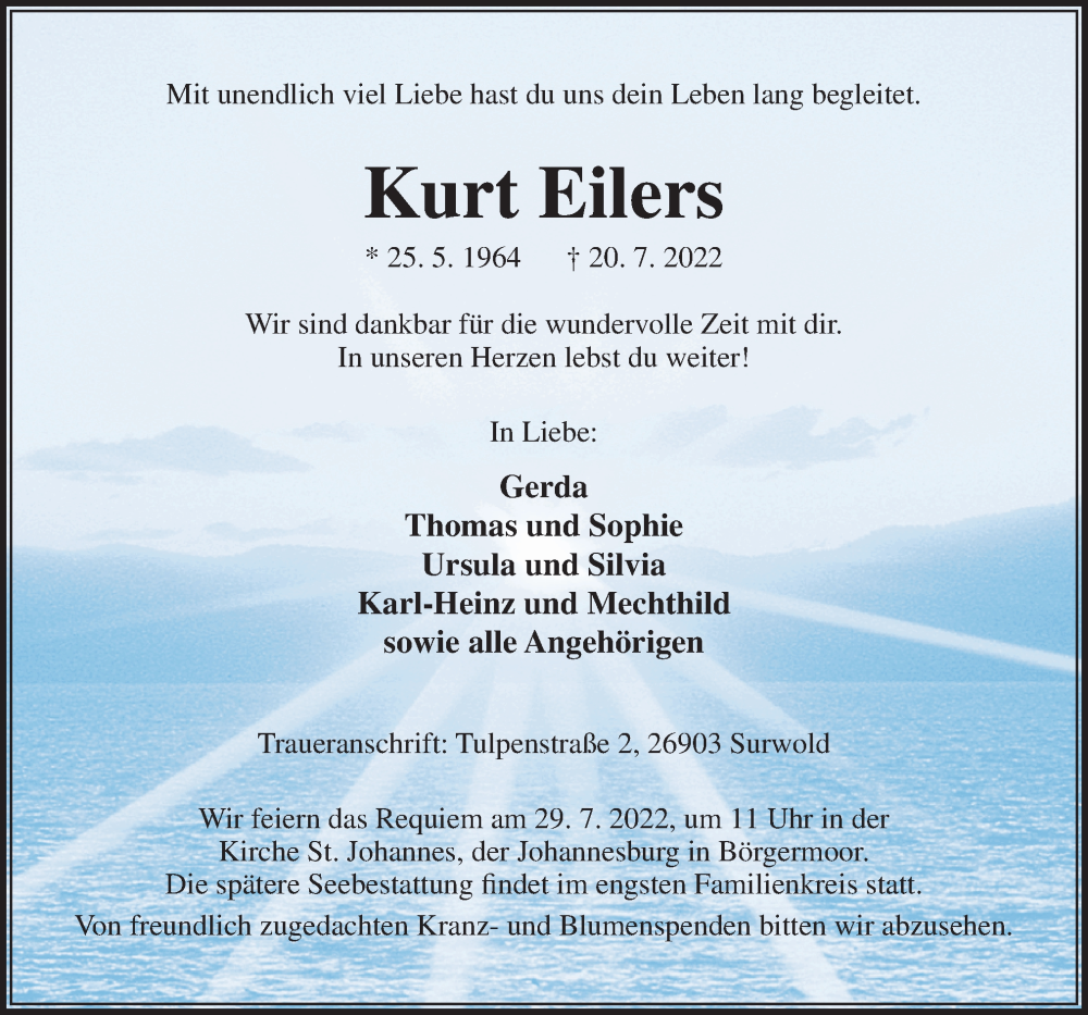  Traueranzeige für Kurt Eilers vom 27.07.2022 aus Neue Osnabrücker Zeitung GmbH & Co. KG