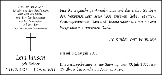Traueranzeige von Leni Jansen von Neue Osnabrücker Zeitung GmbH & Co. KG