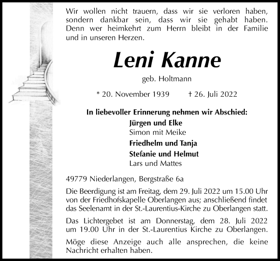 Traueranzeige von Leni Kanne von Neue Osnabrücker Zeitung GmbH & Co. KG