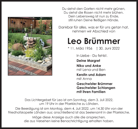 Traueranzeige von Leo Brümmer von Neue Osnabrücker Zeitung GmbH & Co. KG