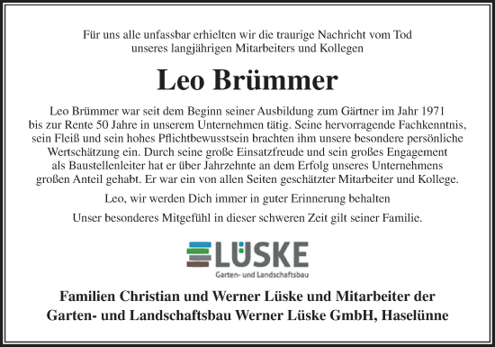 Traueranzeige von Leo Brümmer von Neue Osnabrücker Zeitung GmbH & Co. KG