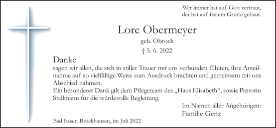 Traueranzeige von Lore Obermeyer von Neue Osnabrücker Zeitung GmbH & Co. KG