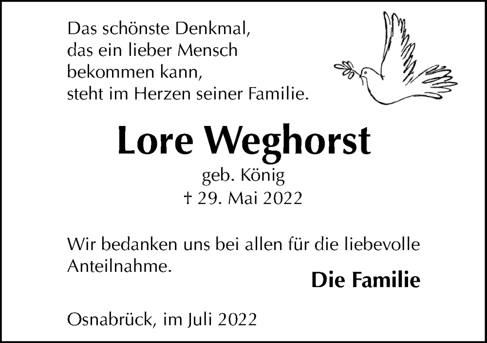  Traueranzeige für Lore Weghorst vom 30.07.2022 aus Neue Osnabrücker Zeitung GmbH & Co. KG