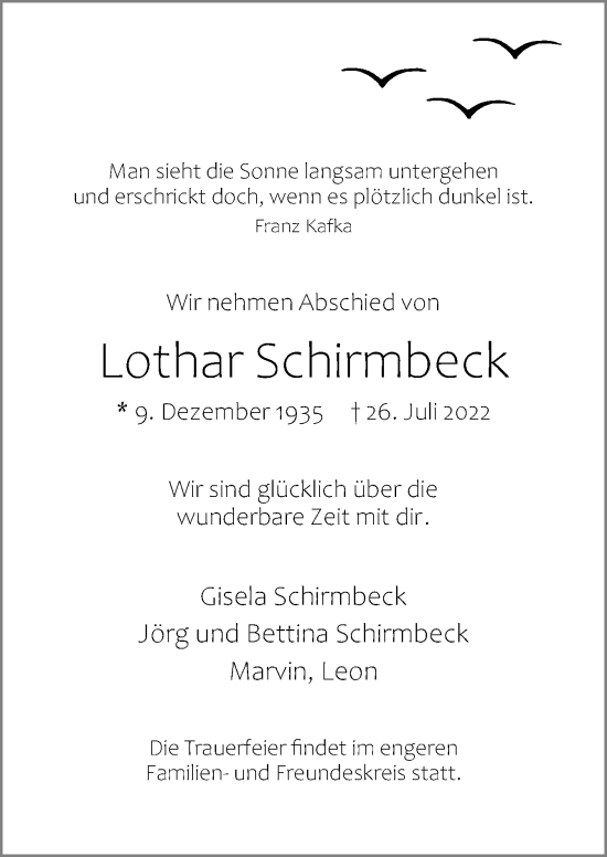 Traueranzeige von Lothar Schirmbeck von Neue Osnabrücker Zeitung GmbH & Co. KG