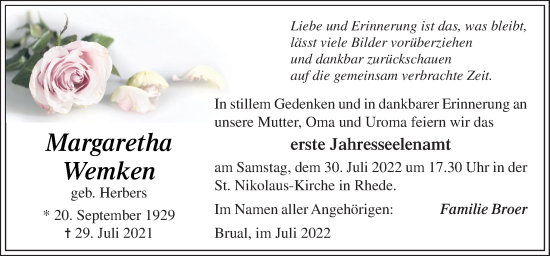 Traueranzeige von Margaretha Wemken von Neue Osnabrücker Zeitung GmbH & Co. KG