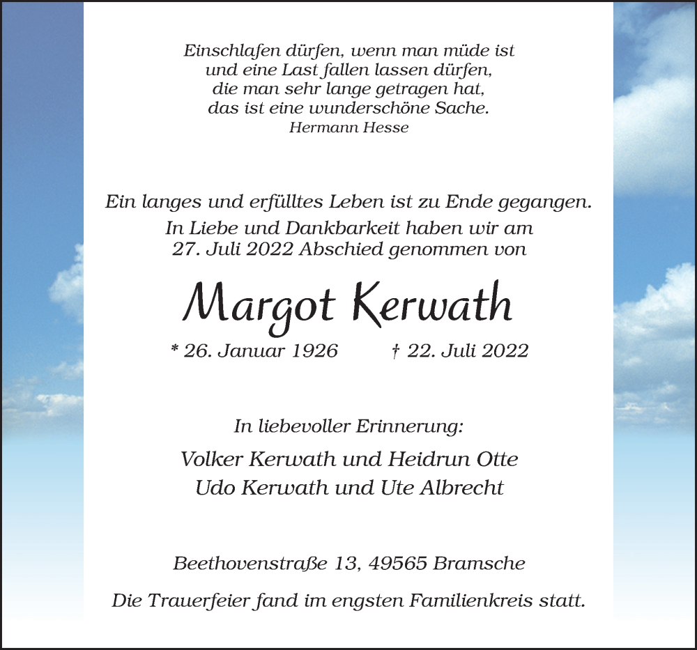  Traueranzeige für Margot Kerwath vom 28.07.2022 aus Neue Osnabrücker Zeitung GmbH & Co. KG