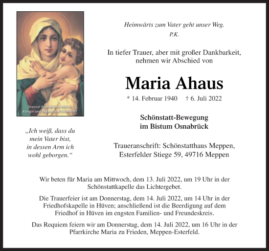 Traueranzeige von Maria Ahaus von Neue Osnabrücker Zeitung GmbH & Co. KG