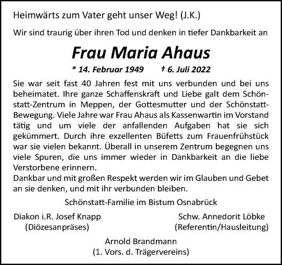 Traueranzeige von Maria Ahaus von Neue Osnabrücker Zeitung GmbH & Co. KG