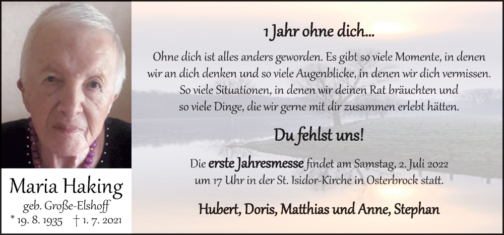  Traueranzeige für Maria Haking vom 01.07.2022 aus Neue Osnabrücker Zeitung GmbH & Co. KG
