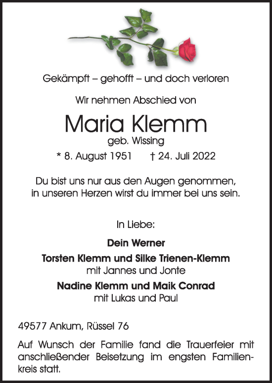 Traueranzeige von Maria Klemm von Neue Osnabrücker Zeitung GmbH & Co. KG