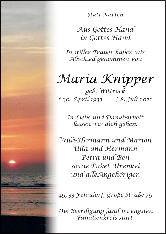 Traueranzeige von Maria Knipper von Neue Osnabrücker Zeitung GmbH & Co. KG