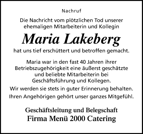 Traueranzeige von Maria Lakeberg von Neue Osnabrücker Zeitung GmbH & Co. KG