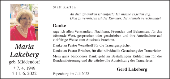 Traueranzeige von Maria Lakeberg von Neue Osnabrücker Zeitung GmbH & Co. KG