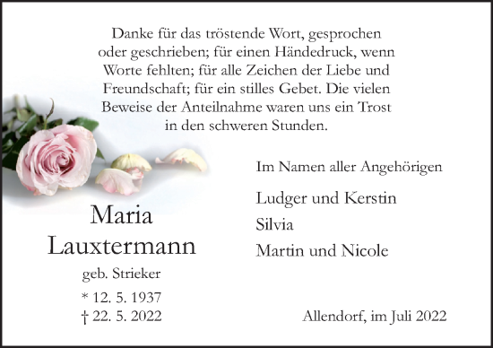 Traueranzeige von Maria Lauxtermann von Neue Osnabrücker Zeitung GmbH & Co. KG